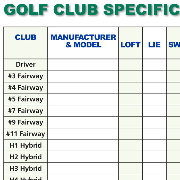 Golf Club Specification FillIn Chart
